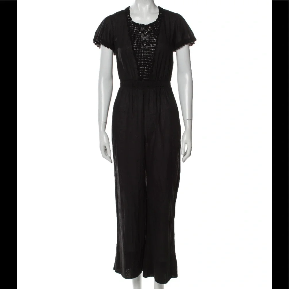 LoveShackFancy Black Cotton Sheer Beach Tassel Crochet Jumpsuit Small S 4 6 💕 - Picture 1 of 5